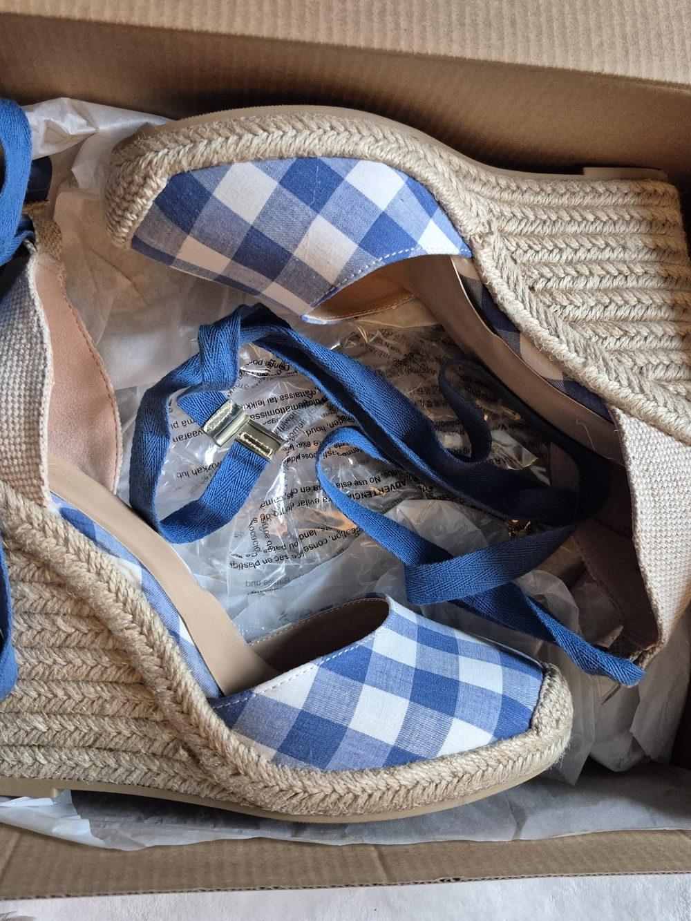 JustFab Blue and White Gingham Espadrille Wedge Sandals with Ankle Wraps